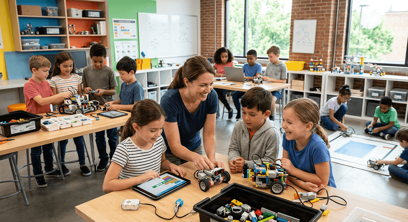 Kids building a robot at Maggie Magoo's™ afterschool program